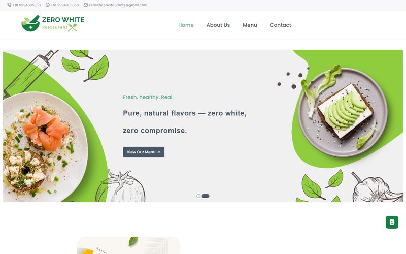 Homepage of the Zero White Restaurant website